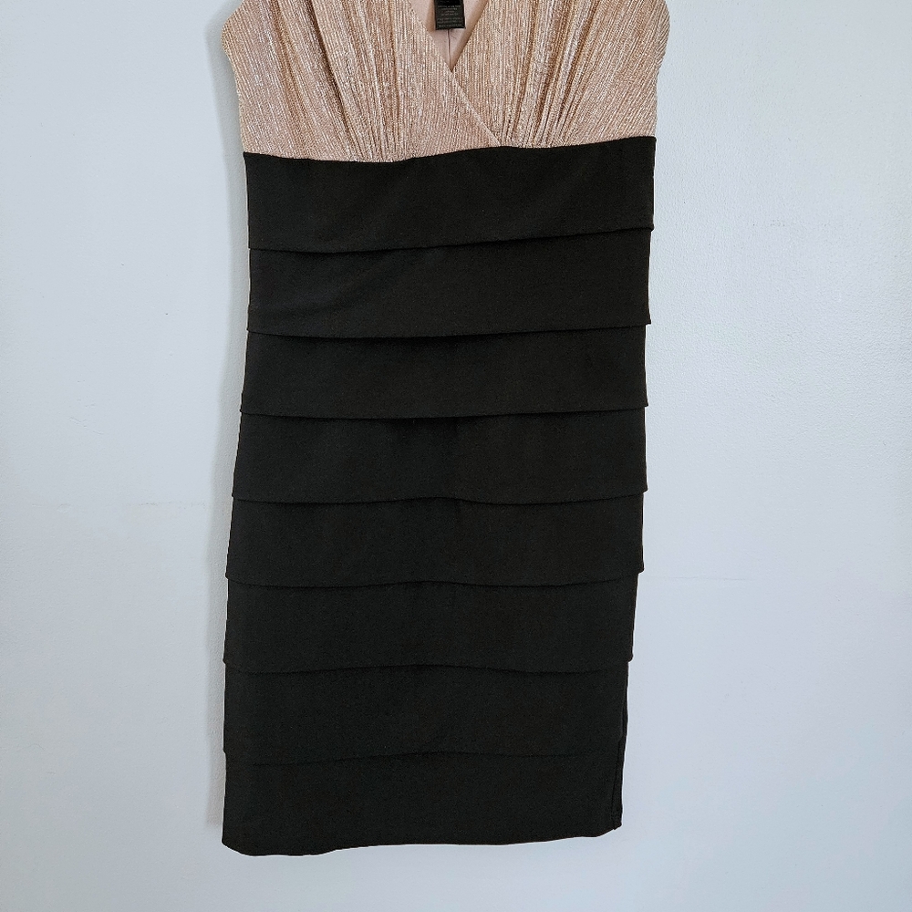 Enfocus Studio Sexy Cocktail Party Champagne Glitter & Black Ruffle Skirt Dress - Picture 4 of 5